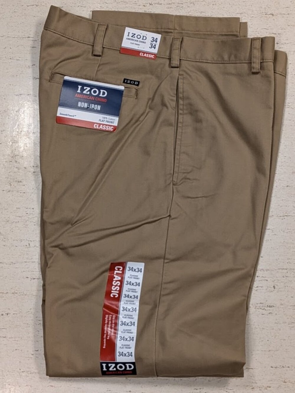 Izod Classic Flat Front Pant 34x34, Khaki